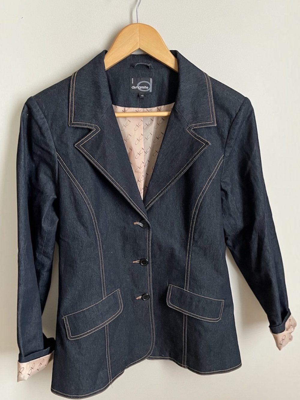 Dynamite Dark Wash Denim Blazer Jacket Tan Contrast Stitching